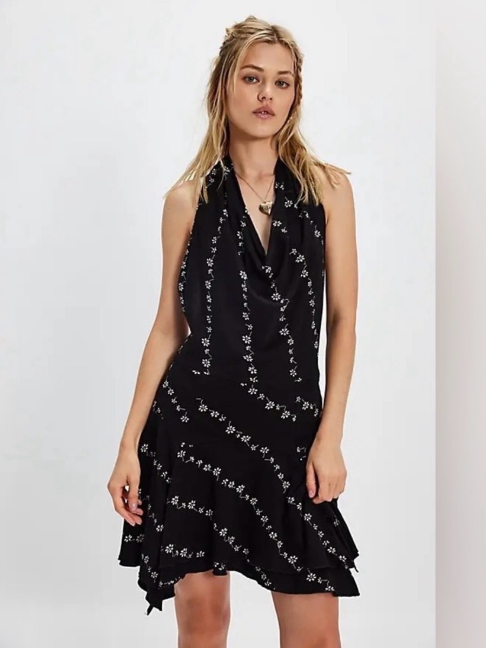 Free People Black Floral Halter Mini Dress